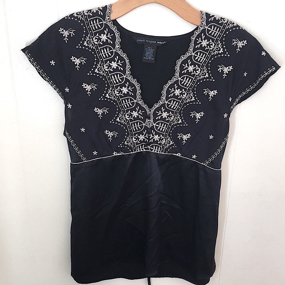 Silky navy embroidered peasant top